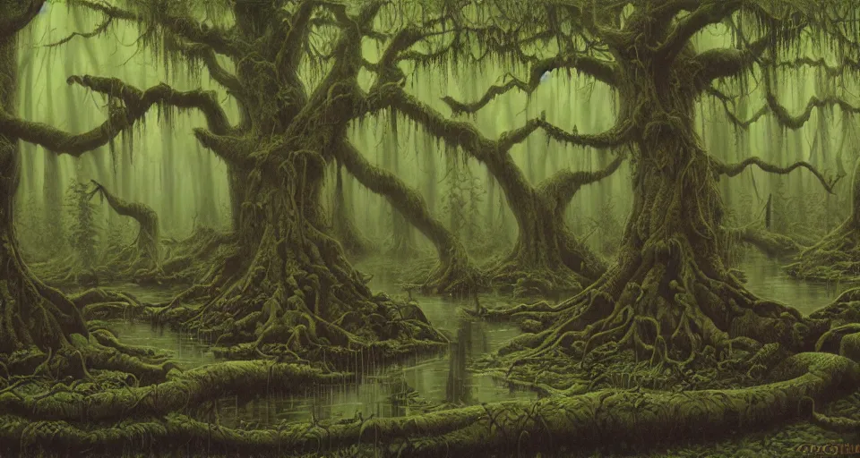 Prompt: A dense and dark enchanted forest with a swamp, by GREG HILDEBRANDT