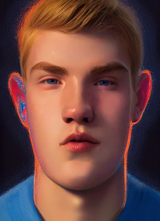 Image similar to portrait of high school senior boy named big moose, blonde short hair, jock, beefy, wide face, square jaw, square facial structure, blue varsity jacket with letter r, intricate, elegant, glowing lights, highly detailed, digital painting, artstation, concept art, sharp focus, illustration, art by wlop, mars ravelo and greg rutkowski