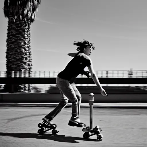 Image similar to a roller skater in a cinematic shot in santa monica, mid - afternoon, canon eos c 3 0 0, ƒ 1. 8, 3 5 mm, 8 k, medium - format print, inspired by roger deakins cinematography