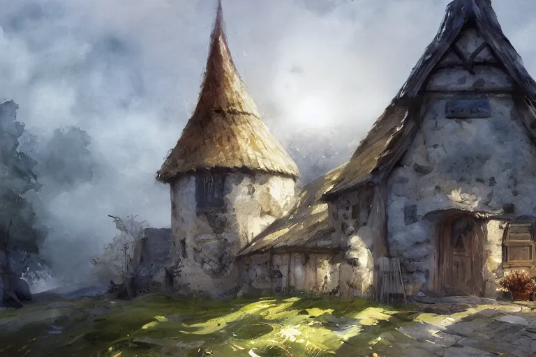 Image similar to paint brush strokes, abstract watercolor painting of rustic village fortress, interior closeup, medieval straw roof, scandinavian viking age, fog, ambient lighting, art by hans dahl, by jesper ejsing, art by anders zorn, wonderful masterpiece by greg rutkowski, cinematic light, american romanticism by greg manchess, creation by tyler edlin