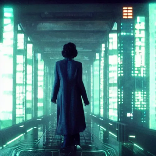 Image similar to joi from blade runner as a giant translucent hologram, leaning forward to look at a regular sized person on a bridge, neo noire