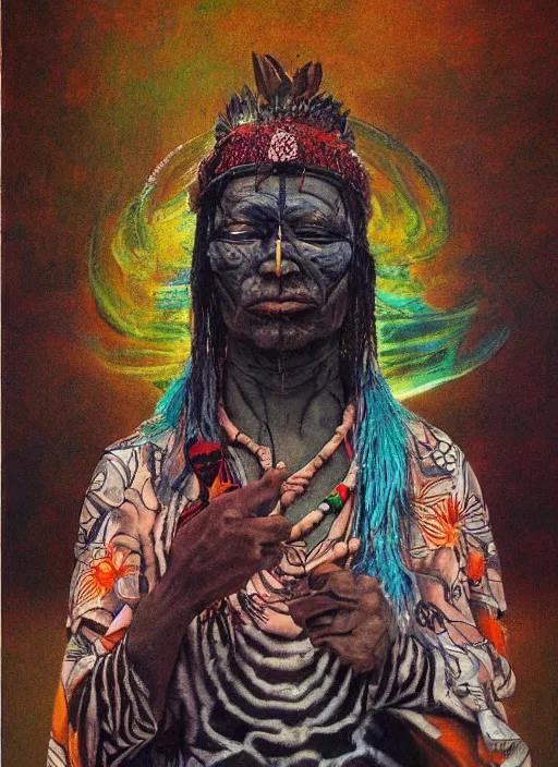 Prompt: a surreal painting of a shaman, by Shimoda, Hikari, voodoo, symbolist, soft colors, dramatic lighting, smooth, sharp focus, extremely detailed, aesthetically pleasing composition