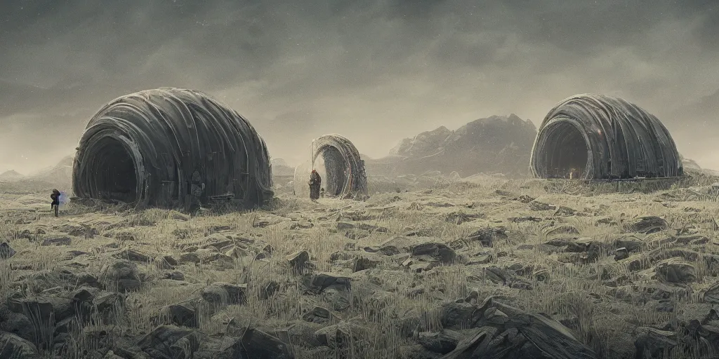 Image similar to underground climate shelters in the middle of a desolate field by jorge jacinto, death stranding art style, intricate, high detail, digital painting, ultra realistic, cinematic lighting, wide angle cinematography, artstation, 3 5 mm film grain