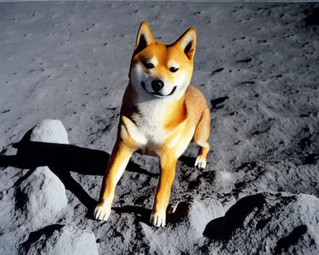 Prompt: hyper realistic shiba on the moon, first shiba on the moon, 9 0's photograph