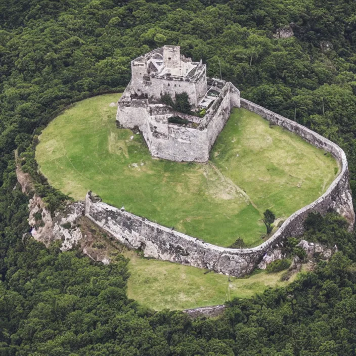 Prompt: aerial view of a fortress from above on a hill by the ocean shaped exactly like the punisher symbol detailed