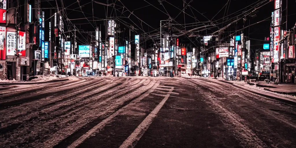 Image similar to a city street at night, snowing, photograph, cyberpunk, sharp focus, intricate detail, drone shot, high resolution, 8k, neon streetlights, wires hanging down everywhere, Japan, colourful