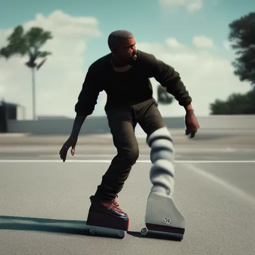 Prompt: Kanye West skateboarding, blender, octane render, 8k, trending on artstation,