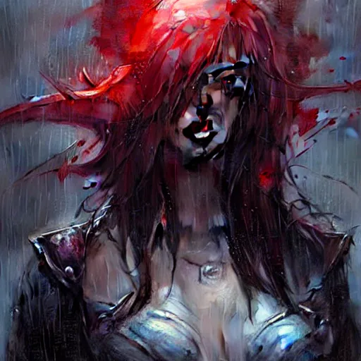 Image similar to bloody rain, by greg rutkowski and artgerm, very detailed, sharp focus, magic the gathering, 8 k, intricate, dramatic