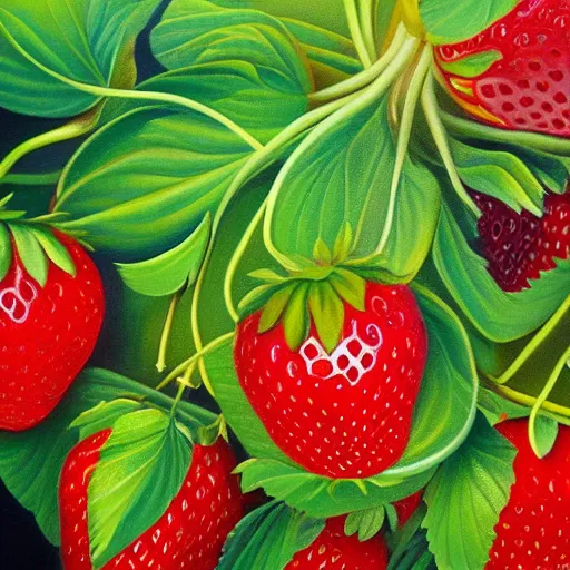 Prompt: a surreal oil painting of a strawberry plant with giant strawberrys, album cover, bright colors