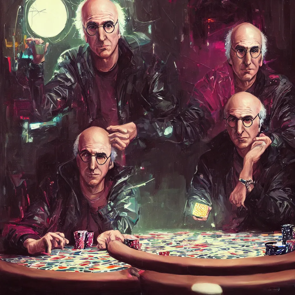 Prompt: detailed portrait larry david playing poker, cyberpunk futuristic neon, reflective puffy coat, decorated with traditional Japanese ornaments by Ismail inceoglu dragan bibin hans thoma greg rutkowski Alexandros Pyromallis Nekro Rene Maritte Illustrated, Perfect face, fine details, realistic shaded, fine-face, pretty face