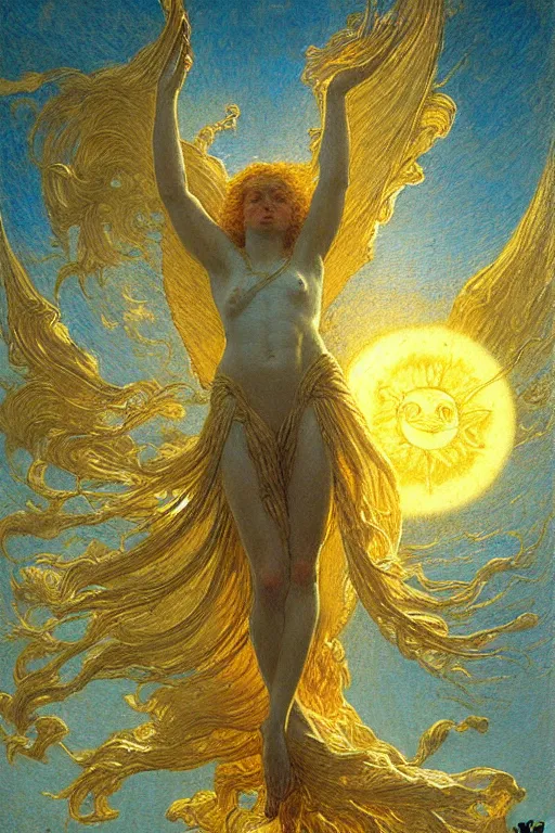 Prompt: a painting of the sun invictus by gustav moreau, jean delville and  Gaston Bussiere