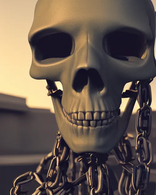 Prompt: cycles render of cyberpunk skull skeleton tethered to a bunch of wires and cords and chains wearing a vr oculus headset subsurface scattering by beeple