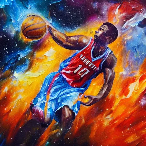 Image similar to an expressive oil painting of a basketball player dunking, depicted as an explosion of a nebula