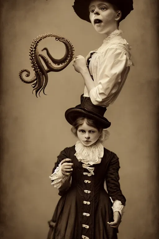 Image similar to wet plate photograph portrait of a victorian - era anthropomorphic octopus child dressed in a victorian - era clothing, dramatic lighting, highly detailed, digital painting, artstation, concept art, smooth, sharp focus, illustration, art by wlop, mars ravelo and greg rutkowski