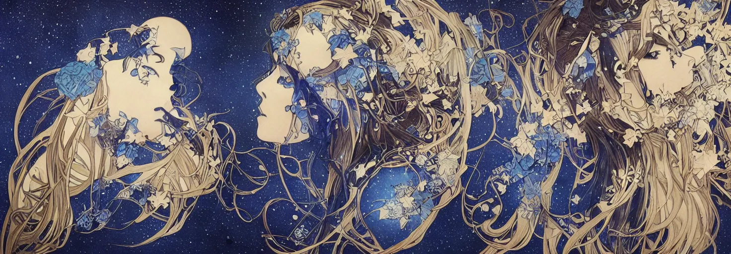 Prompt: cloaked dark winter night, awardwinning art by sana takeda and artgerm and alphonse mucha, conceptual volumetric realism, astronomical star constellations and watch gears, traditional moon, candle, tattoo, maiden and fool and crone, ultramarine blue and gold