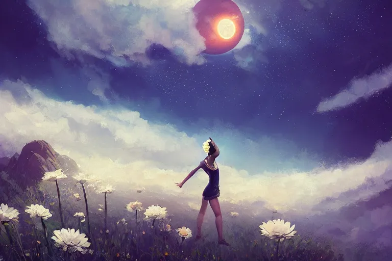 Prompt: giant white daisy flower on head, girl dancing on cliff, surreal photography, solar eclipse, milky way, dramatic light, impressionist painting, clouds, digital painting, artstation, james gilleard, liam wong, jeremy mann, simon stalenhag