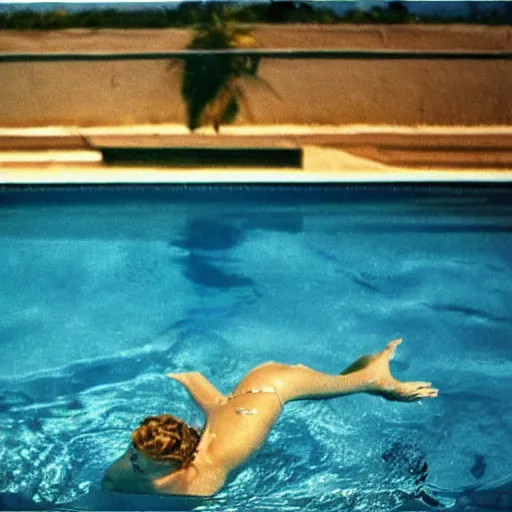 Prompt: one woman in the pool, another women under water, film camera style, la piscine 1 9 6 9 film aesthetics, 1 9 7 0 s, los angeles landscape on the background, evening,