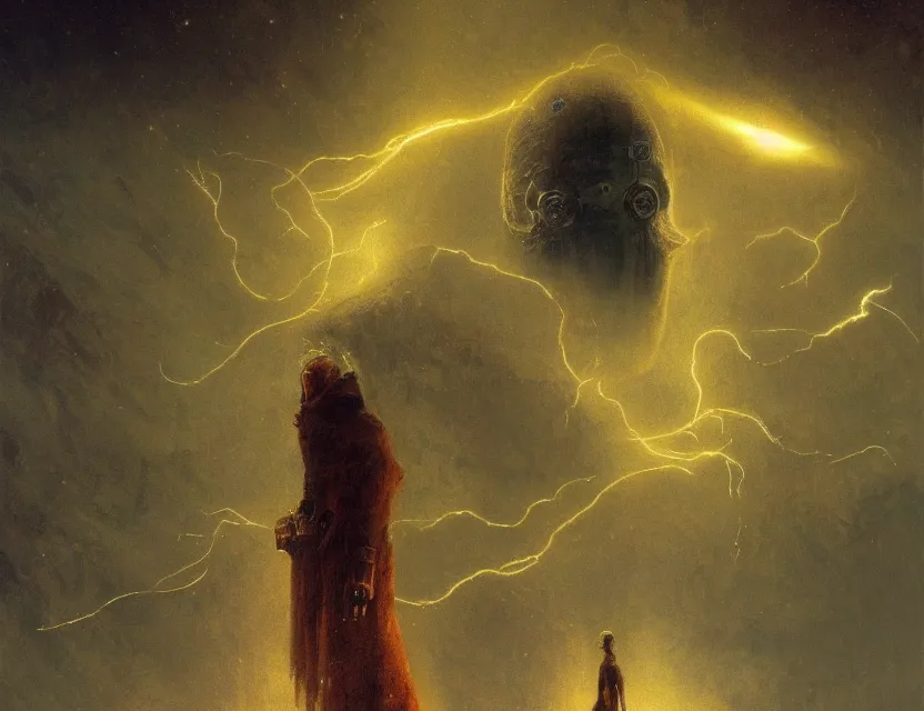 Image similar to a space laces kind of poster cinematic sci - fi scene portrait and science fiction theme with lightning, aurora lighting. clouds and stars. smoke. futurism. fantasy. by beksinski carl spitzweg and tuomas korpi. baroque elements. oil painting. dramatic. artstation. 8 k