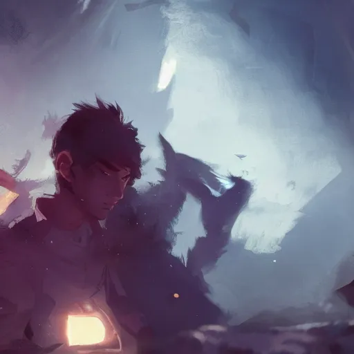 Image similar to a young man becoming crazy because he is in love, cinematic lighting, dramatic atmosphere, by dustin nguyen, akihiko yoshida, greg tocchini, greg rutkowski, cliff chiang, 4 k resolution, trending on artstation