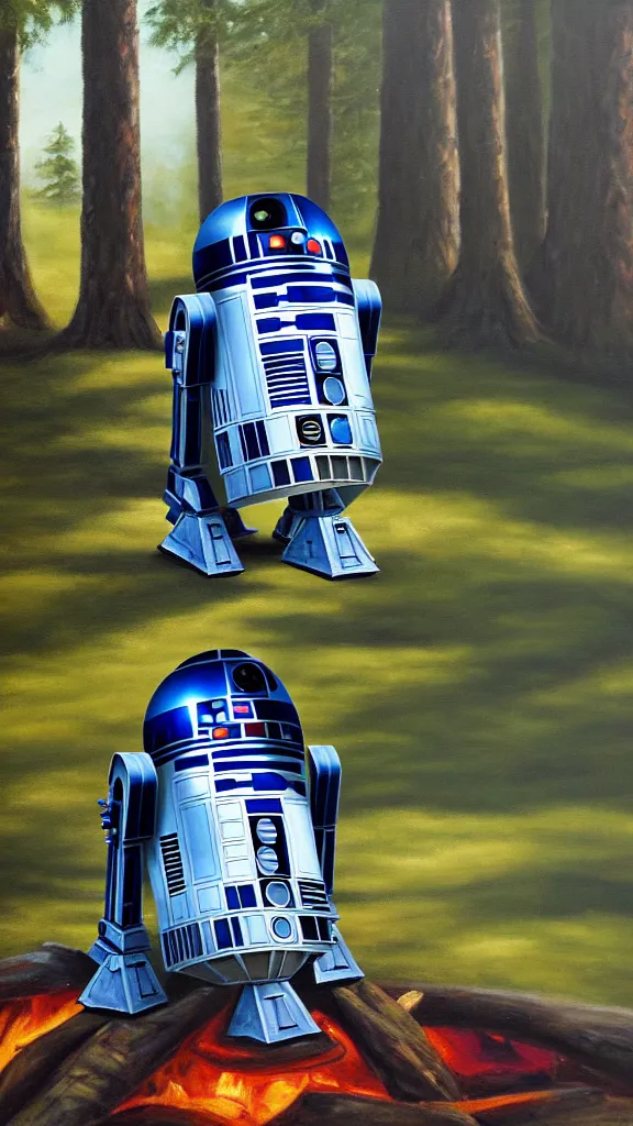 Image similar to an oil painting of r 2 - d 2 sitting by the fire at the ewok encampment, surrounded by trees. color harmony, 8 k detail, gallery quality, hd wallpaper, premium prints available, hyper - detailed, intricate design.