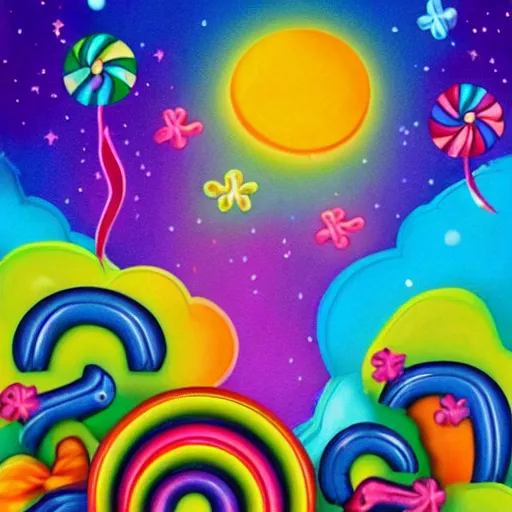 Prompt: sweet happy image for children, good dreams, smiles, candy, rainbows, unicorns, things of nightmares, horror, scary