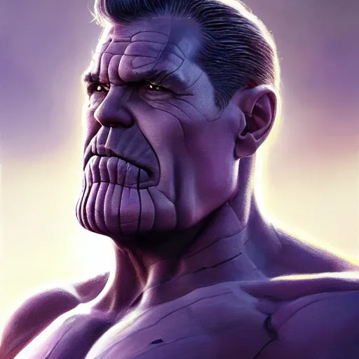 Prompt: josh brolin thanos closeup portrait, dramatic light, lake background, 2 0 0 mm focal length, painted by stanley lau, painted by greg rutkowski, painted by stanley artgerm, digital art, trending on artstation