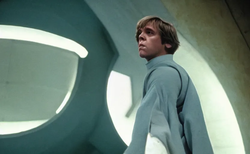 Image similar to screenshot portrait of Luke Skywalker, played by mark Hammill, in a teal, round Temple scene from 1980s film by Stanley Kubrick, 4k serene, iconic shot, surreal sci fi set design, photoreal detailed face, moody lighting stunning cinematography, hyper detailed, sharp, anamorphic lenses, kodak color film