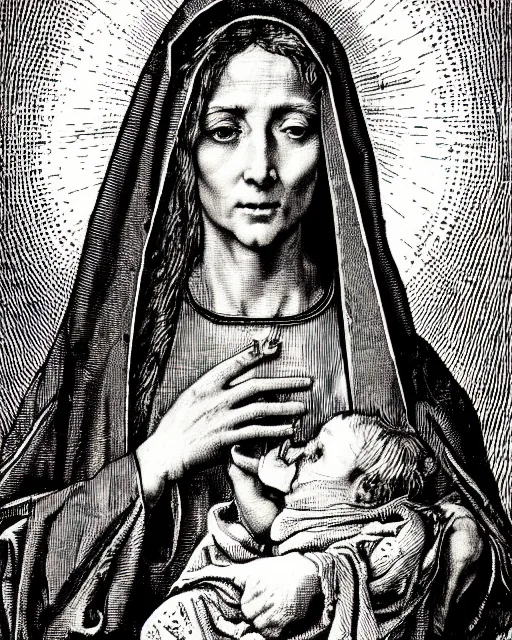 Prompt: an engraving portrait of mary mother of christ, by albrecht durer and virgil finlay, intricate details, fine inking lines, hd, 4 k, photorealistic