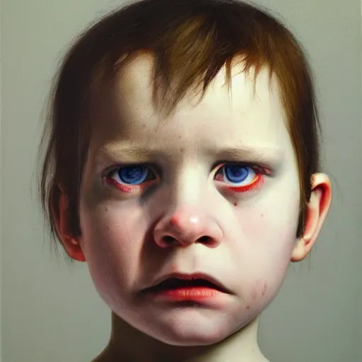 Image similar to high quality high detail portrait by gottfried helnwein, hd, intense unsettling look in the eyes, photorealistic lighting