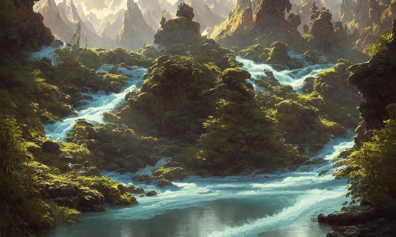 Image similar to Mountain river flows through a fantasy landscape gorge. A big blue lake in the middle of the mountains. Fabulous nature, amazing seascape, highly detailed, digital painting, artstation, concept art, smooth, sharp focus, illustration, art by greg rutkowski and alphonse mucha