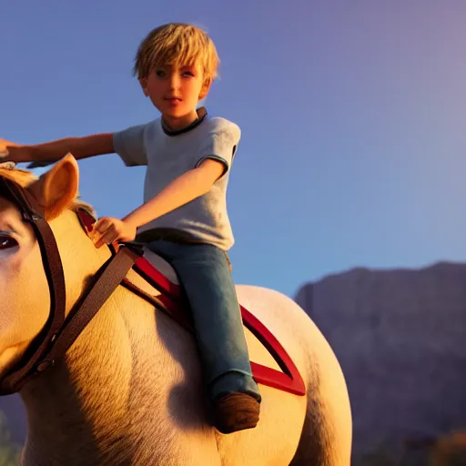 Image similar to a detailed portrait of boy with blonde hair riding a horse, unreal engine 5 rendered, incredibly highly detailed and realistic, 8 k, sharp focus, studio quality