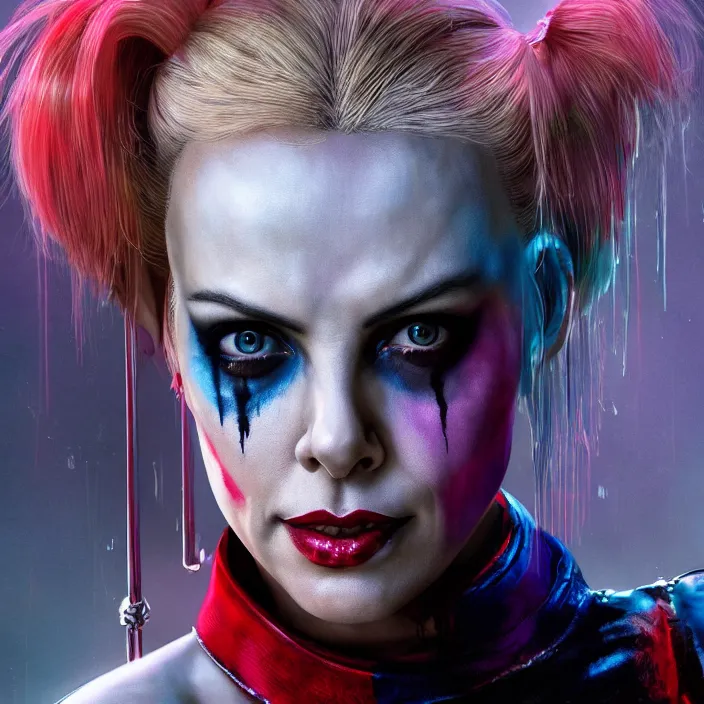 Image similar to portrait of Charlize Theron as a harley quinn in Suicide Squad. intricate abstract. intricate artwork. by Tooth Wu, wlop, beeple, dan mumford. octane render, trending on artstation, greg rutkowski very coherent symmetrical artwork. cinematic, hyper realism, high detail, octane render, 8k, iridescent accents