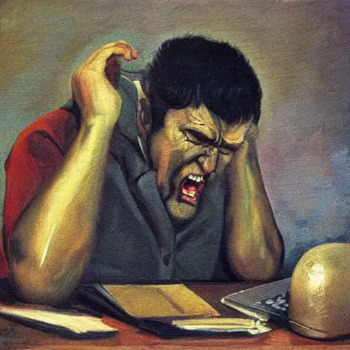 Image similar to an angry man screams at his computer monitor, oil on canvas, 1 9 6 7, highly detailed