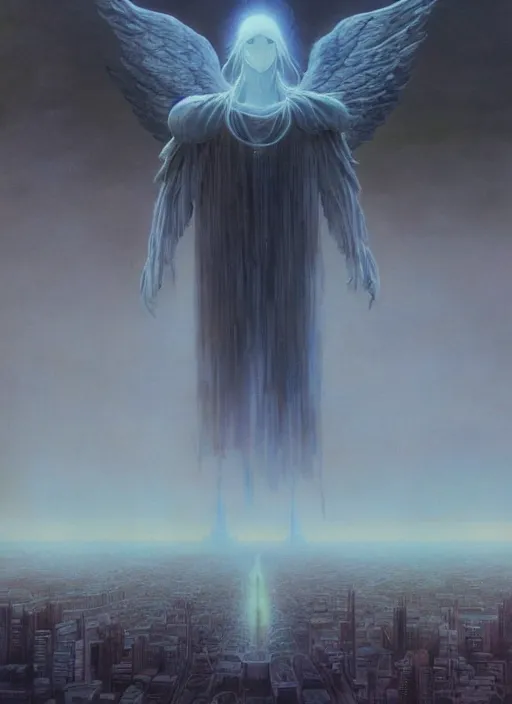 Image similar to giant white glowing angel rising above foggy city by wayne barlowe, wes anderson, roger dean, mikalojus konstantinas ciurlionis and wadim kashin, rich moody colours, 90-s anime, ethereal, lo-fi retro videogame