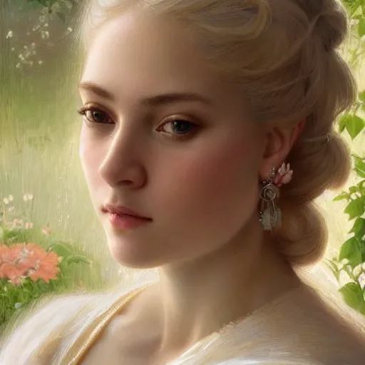 Image similar to 3/4 close up face Portrait of a beautiful Swedish princess in garden, white top, blond hair, piercing, intricate, elegant, highly detailed, artstation, concept art, intricate, highly detailed, sharp focus, exotic, orientalism, bouguereau, art by Artgerm and greg rutkowski and alphonse mucha