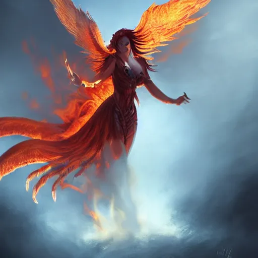 Image similar to detailed portrait of a fiery phoenix woman rising from fire spreading her wings with fiery marks all across her body, magically, magic, fire, realism, ruby, sunlit, dark fantasy, dramatic lighting, cgsociety, artstation