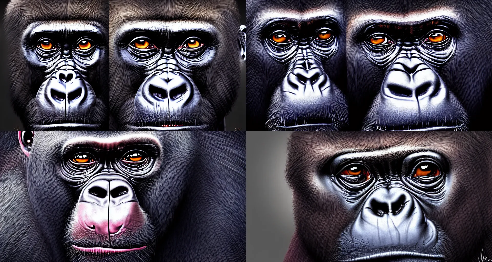 Prompt: a digital painting of a dog headed gorilla hybrid, isolated, hyperealism, award winning, stunning, trending on art - sation, highly detailed, cinematic lighting, 8 k, hd