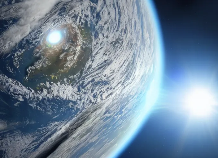 Prompt: nasa satellite still of a disk shaped earth with mountains peaking out of the clouds, sun behind it lens flares, 8 k