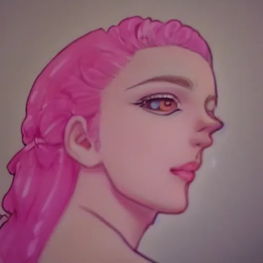 Image similar to beautiful pink little girl, profile picture, vintage fashion, highly detailed, reflection, realistic artwork, hd, inspired by jojo bizarre adventure