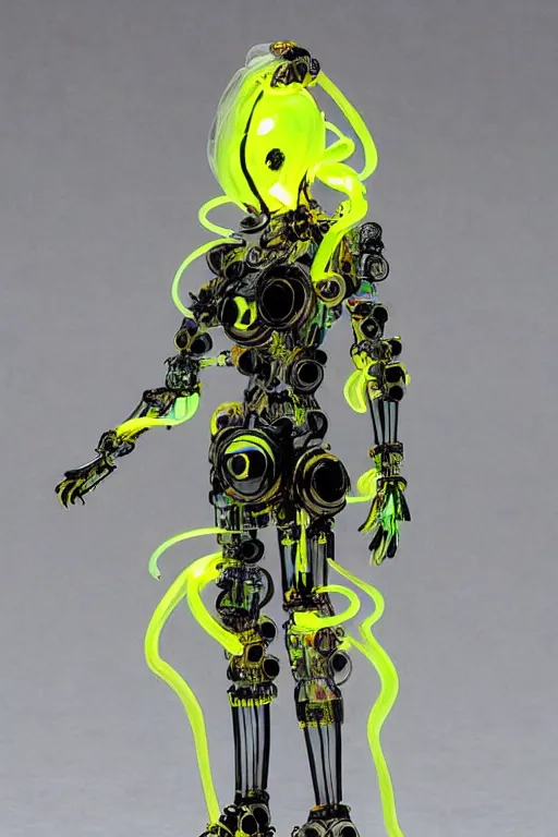 Prompt: a intricate anime figurine that looks like a transparent plastic robot with a lot of fluo colored details with yellow smoke, moody light, flemish painting