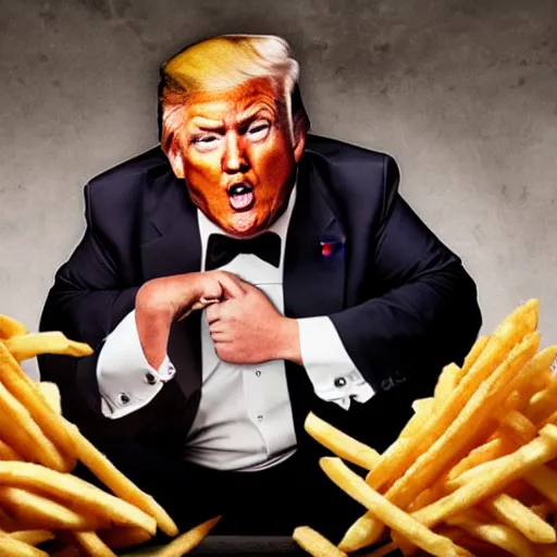 Prompt: Annie leibovitz portrait of Donald Trump, clothed, crying in a bathtub full of French fries