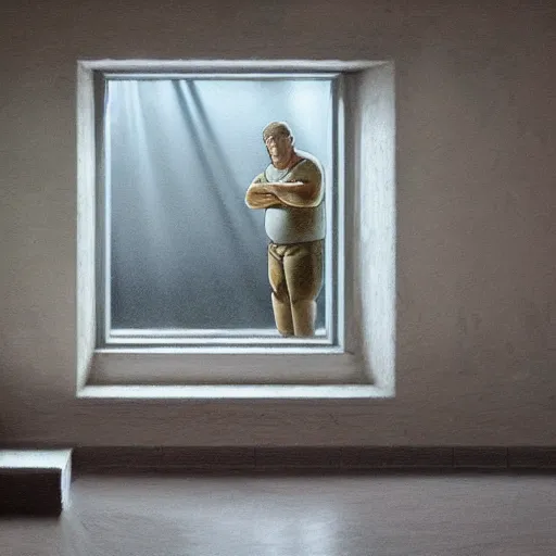 Prompt: high quality high detail painting by john salt, realistic peter griffin from family guy standing in a basement with concrete floor. light ray from a blurry window, floating dust, motion blur, gloomy, stippled walls, cinematic shot, epic, realistic, 4 k, perfectly defined features