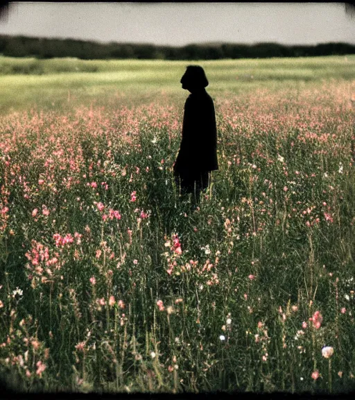 Image similar to tall shadow person figure standing in beautiful meadow of flowers, vintage film photo, grainy, high detail, high resolution