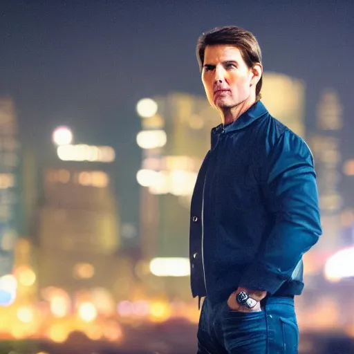 Prompt: a still of Tom Cruise. Shallow depth of field. City at night in background, lights, colors ,studio lighting, mood, 4K. Profession photography