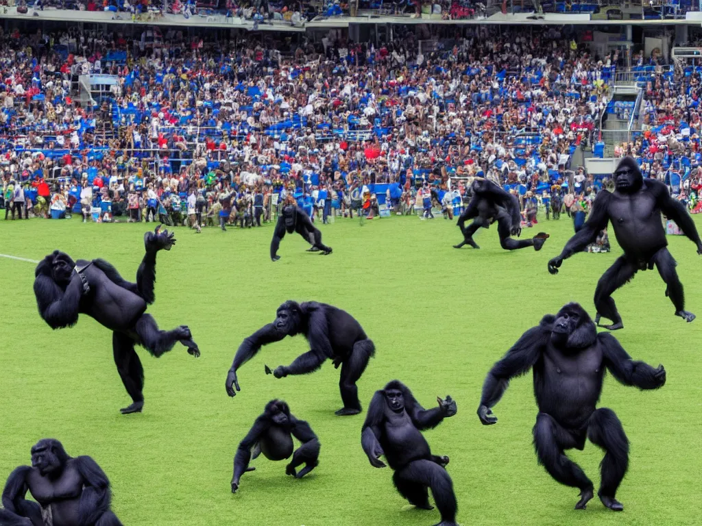 Image similar to gorillas playing a soccer in a stadium full of people, vivid