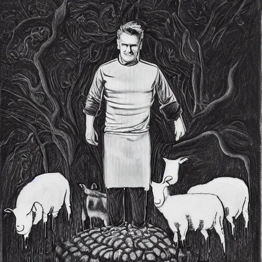 Prompt: gordon ramsey standing over lambs, gordon ramsey apologizing to the lambs, by kati horna and mœbius, pencil sketch, storybook illustration victorian shoal bean juniper, by ruta kenny and vincent di fate, black velvet