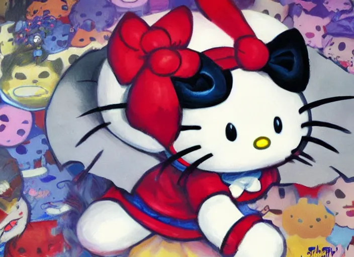 Image similar to a highly detailed beautiful portrait of hello kitty as the joker, by gregory manchess, james gurney, james jean