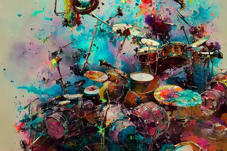 Prompt: a splattered action painting showing a drumset, ultradetailed, fine art painting, peter mohrbacher, moebius, drumset, frottage, watercolor, acrylic, multilayered paint, spectacular splatter explosion, psychedelic art