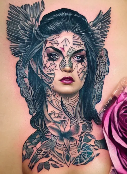 Image similar to beautiful enlightened instagram selfie influencer woman with tattoos, tattooed skin, oil painting, robe, symmetrical face, greek dark ritual myth, by sandra chevrier, masterpiece