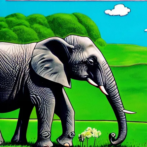 Image similar to an elephant on a green meadow ilustration art by Groening Matt